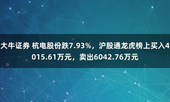 大牛证券 杭电股份跌7.93%，沪股通龙虎榜上买入4015.61万元，卖出6042.76万元